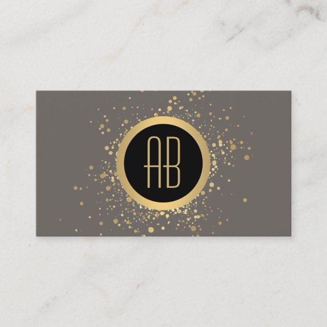 Gold Confetti Circle Monogram Grey Business Card (Front)