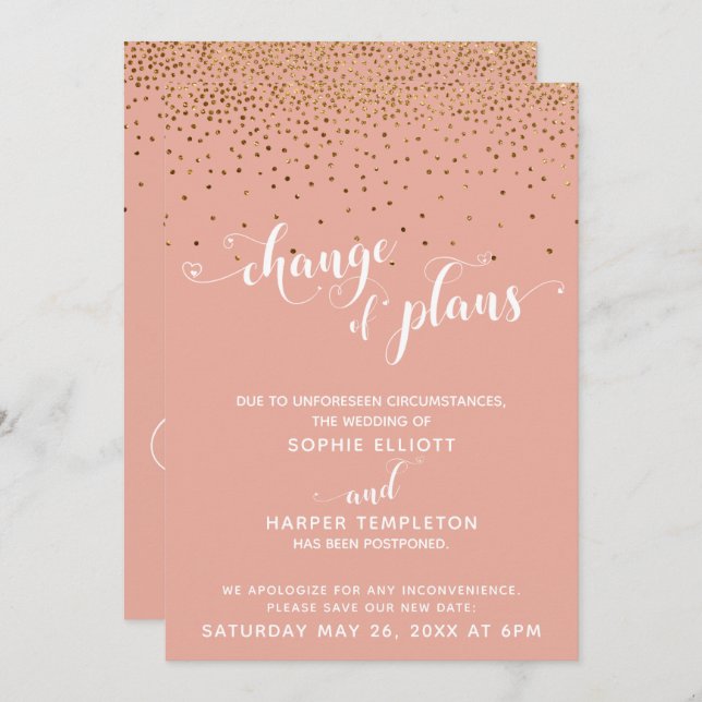 Gold Confetti & Coral "Change of Plans" Card (Front/Back)