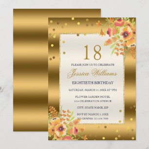 Gold Confetti & Corner Flowers 18th Birthday Invitation