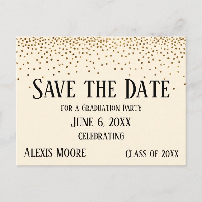 Gold Confetti Cream Graduation Party Save the Date Postcard (Front)