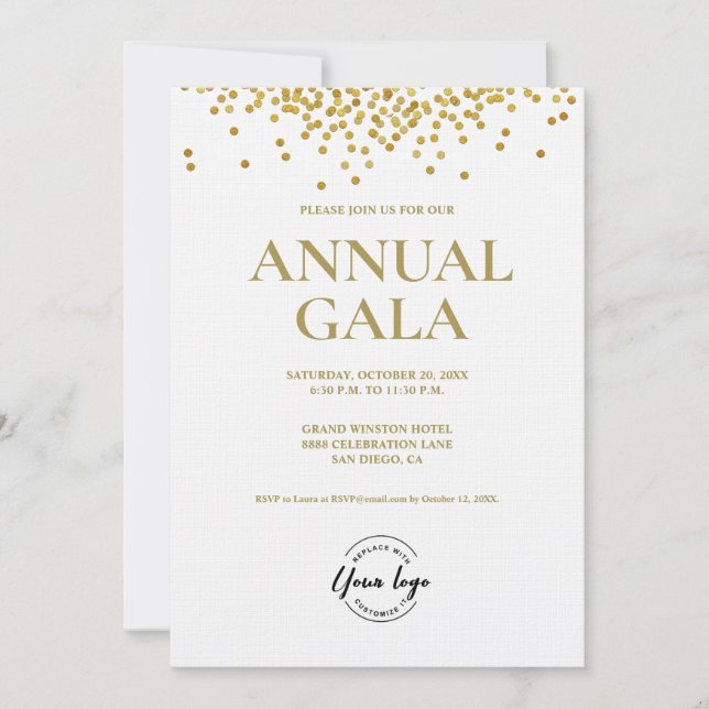 Gold confetti Custom logo Gala corporate event Invitation (Front)