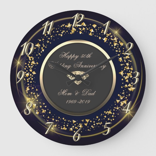 Gold Confetti,Diamond 50th Wedding Anniversary Large Clock (Front)