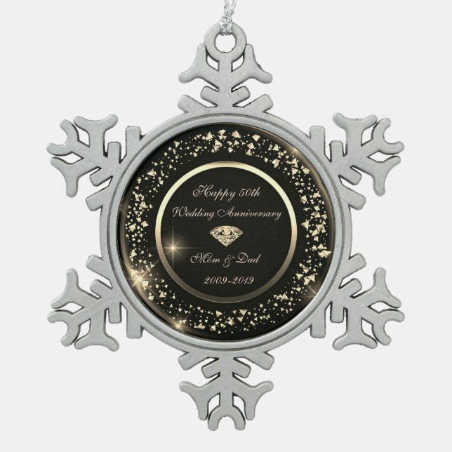 Gold Confetti Diamond 50th Wedding Anniversary Snowflake Pewter Christmas Ornament (Front)