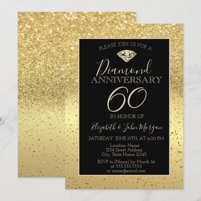 Gold Confetti Diamond Glitter  Wedding Anniversary Invitation (Front/Back)