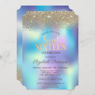 Gold Confetti Diamonds Blue Holographic Sweet 16 Invitation