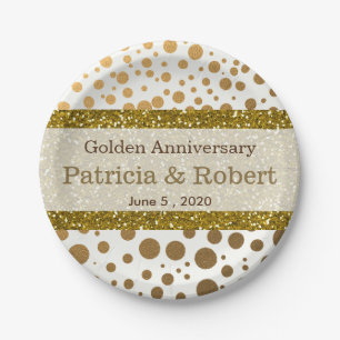 Gold Confetti Dots 50th Wedding Anniversary Paper Plate