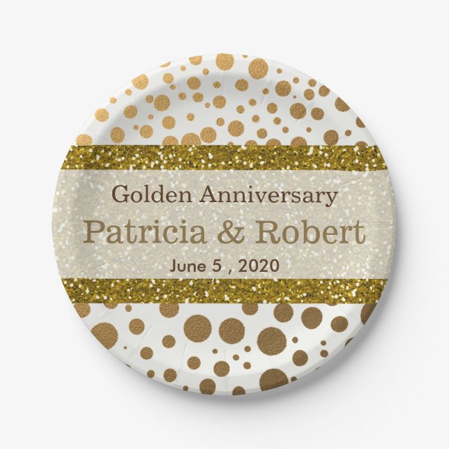 Gold Confetti Dots 50th Wedding Anniversary Paper Plate (Front)