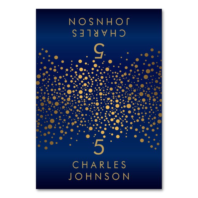 Gold Confetti Dots and Navy Blue  - Place Cards (Front)