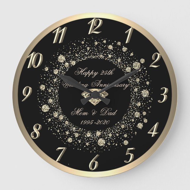 Gold Confetti Dots Black  25th Wedding Anniversary Large Clock (Front)