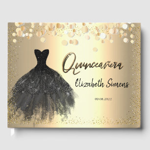 Gold Confetti Dots,Black Dress Quinceañera Guest Book