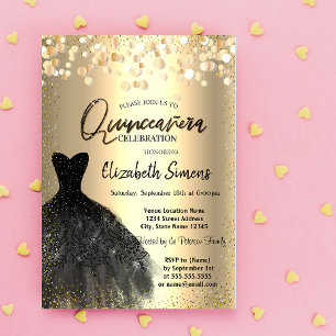 Gold Confetti Dots,Black Dress Quinceañera Invitation