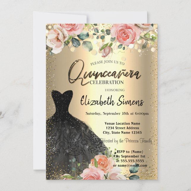 Gold Confetti Dots,Black Dress Roses Quinceañera Invitation (Front)