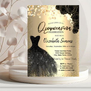 Gold Confetti Dots,Black Dress Roses Quinceañera  Invitation