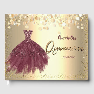 Gold Confetti Dots,Burgundy Dress Quinceañera  Guest Book