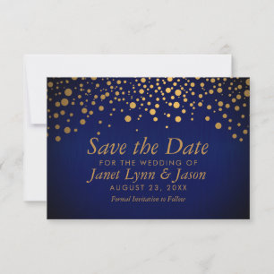 Gold Confetti Dots    Dark Blue Save The Date