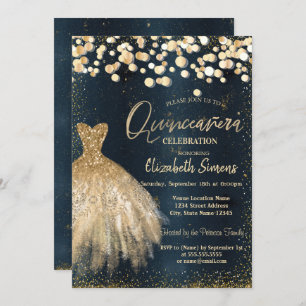 Gold Confetti Dots,Dress Dark Blue Quinceañera  Invitation