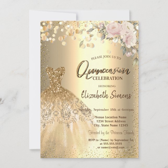 Gold Confetti Dots,Dress,Roses Quinceañera  Invitation (Front)