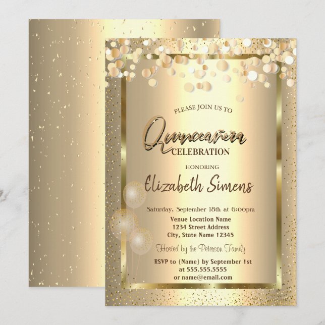 Gold Confetti Dots Frame Balloons Quinceañera Invitation (Front/Back)