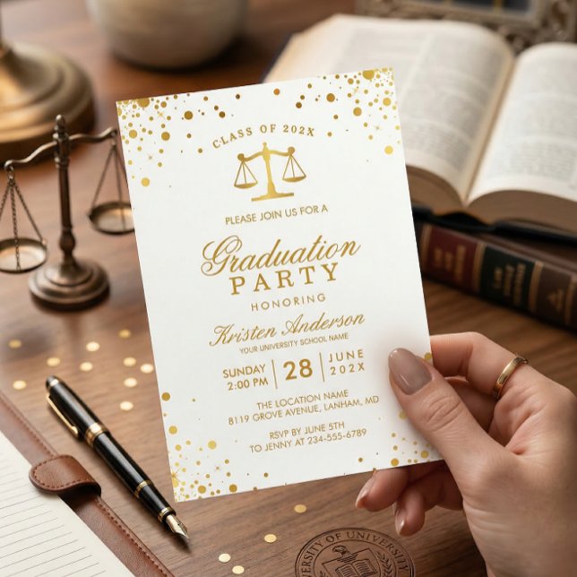 Gold Confetti Dots Law School Graduation Party Invitation (Creator Uploaded)