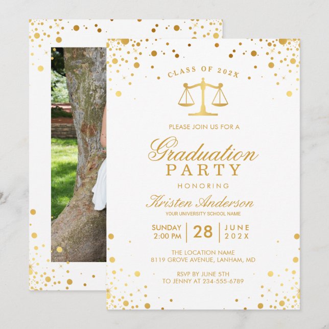 Gold Confetti Dots Law School Graduation Party Invitation (Front/Back)