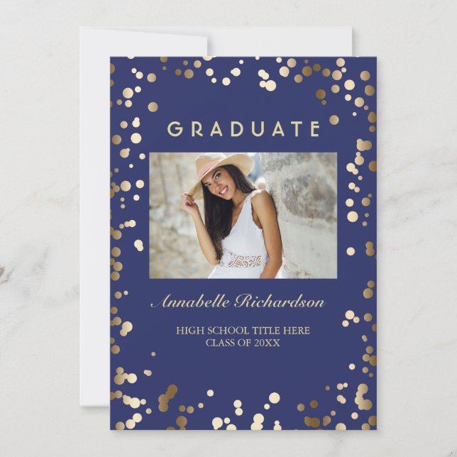 Gold Confetti Dots Navy Elegant Photo Graduation Invitation (Front)
