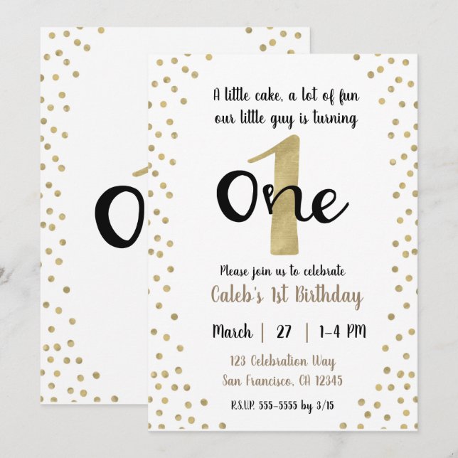 Gold Confetti Dots Number 1 ONE 1st Birthday Party Invitation (Front/Back)