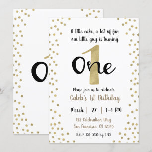 Gold Confetti Dots Number 1 ONE 1st Birthday Party Invitation