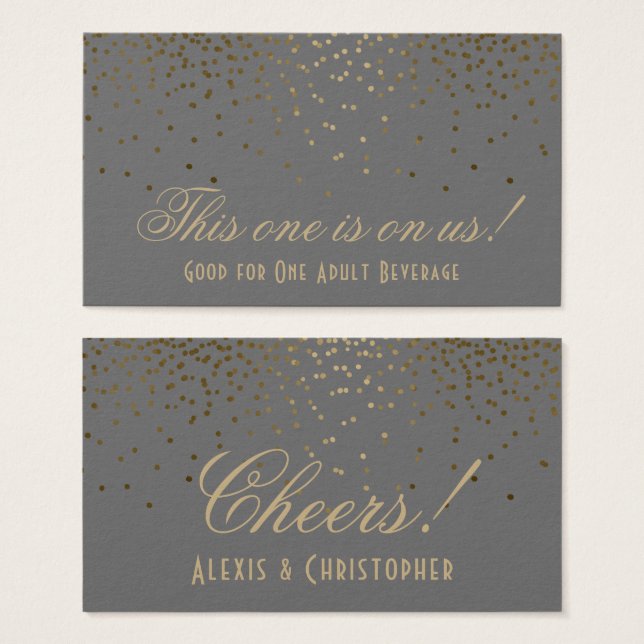 Gold Confetti Dots on Grey Wedding Drink Tickets (Front & Back)