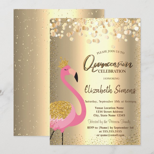 Gold Confetti Dots,Pink Flamingo Quinceañera Invitation (Front/Back)