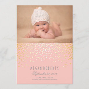 Gold Confetti Dots Pink Newborn Baby Photo Birth Announcement