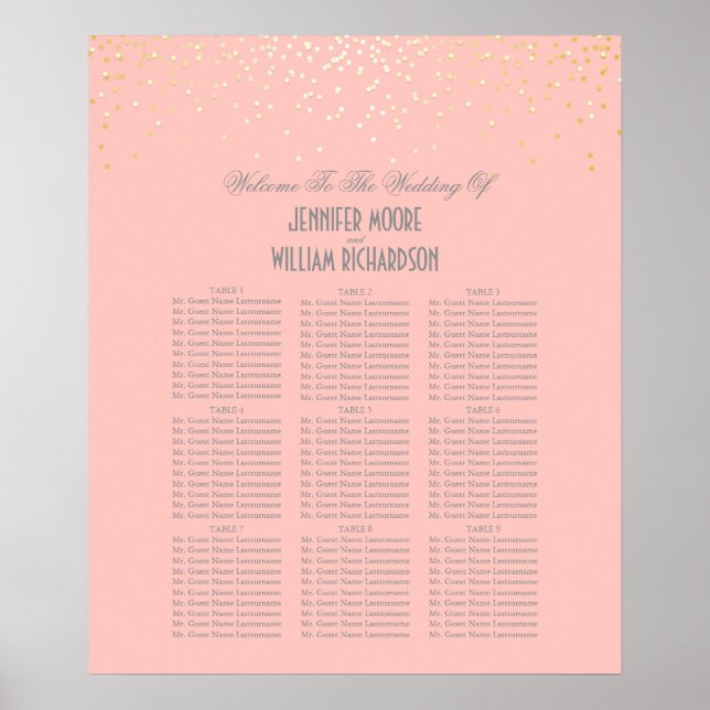 Gold Confetti Dots Pink Wedding Seating Chart (Front)
