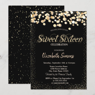 Gold Confetti Dots Princess Black Sweet 16 Invitation