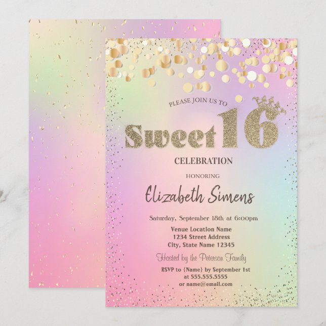Gold Confetti Dots Princess Holographic Sweet 16 Invitation (Front/Back)