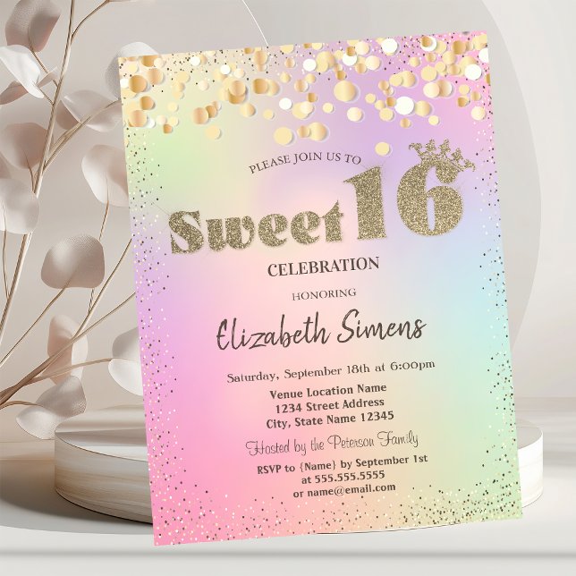 Gold Confetti Dots Princess Holographic Sweet 16 Invitation (Creator Uploaded)