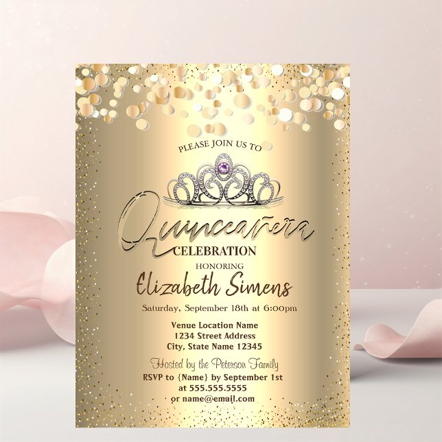 Gold Confetti Dots,Tiara Quinceañera Invitation (Creator Uploaded)