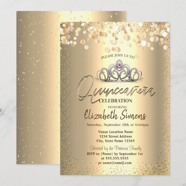 Gold Confetti Dots,Tiara Quinceañera Invitation (Front/Back)