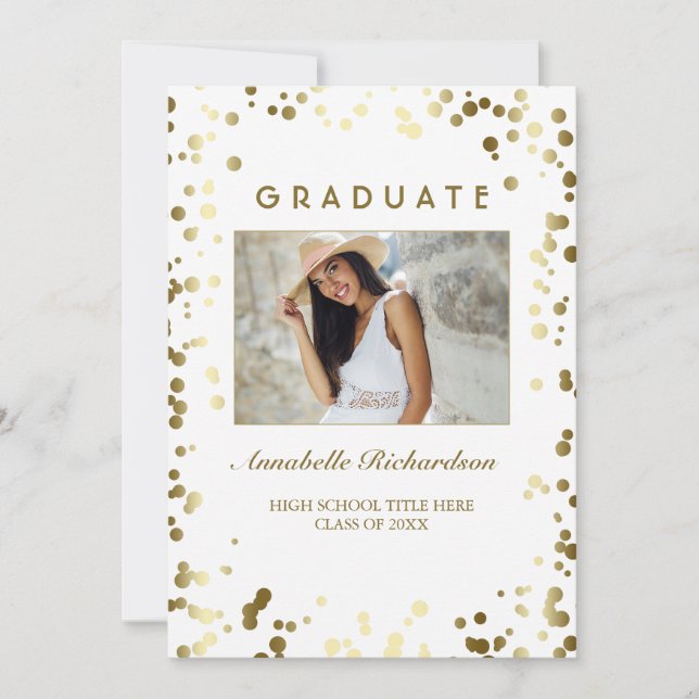 Gold Confetti Dots White Elegant Photo Graduation Invitation (Front)