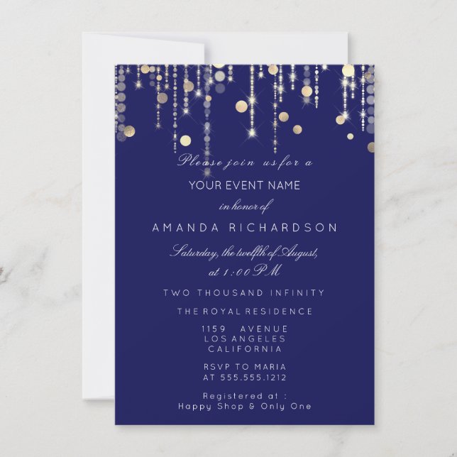 Gold Confetti Drip Birthday Bridal Blue Navy Invitation (Front)