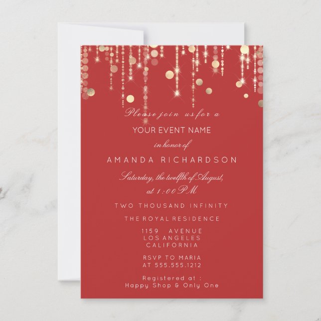 Gold Confetti Drip Birthday Bridal Red Elegance Invitation (Front)