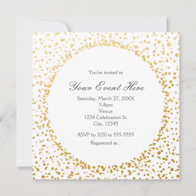 Gold Confetti Elegant Glamour Dot White Invitation (Front)