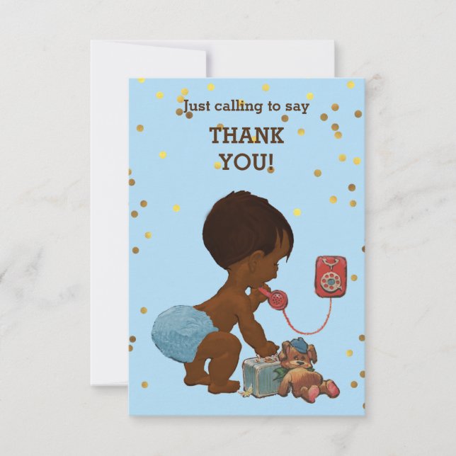 Gold Confetti Ethnic Baby Boy on Phone Thank You Card (Front)