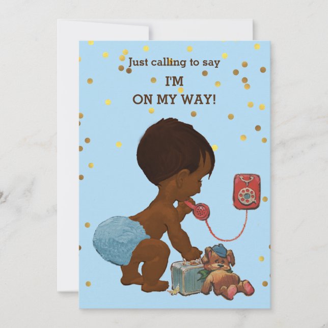 Gold Confetti Ethnic Boy on Phone Baby Shower Invitation (Front)