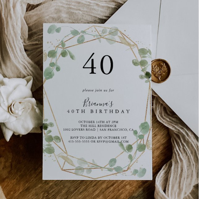Gold Confetti Eucalyptus 40th Birthday Party  Invitation (Creator Uploaded)