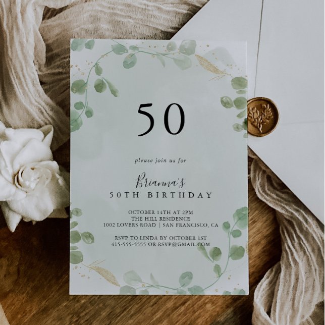 Gold Confetti Eucalyptus 50th Birthday Party  Invitation (Creator Uploaded)