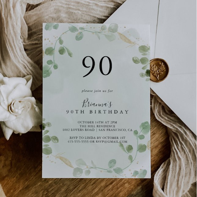 Gold Confetti Eucalyptus 90th Birthday Party Invitation (Creator Uploaded)