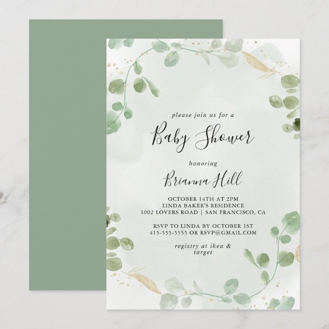 Gold Confetti Eucalyptus Foliage Baby Shower  Invitation (Front/Back)