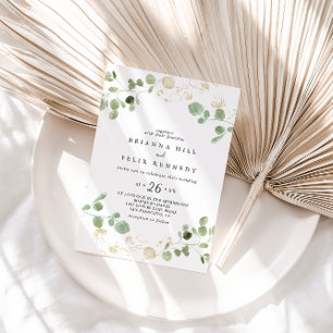 Gold Confetti Eucalyptus Foliage Casual Wedding Invitation