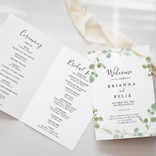 Gold Confetti Eucalyptus Foliage Folded Wedding Programme
