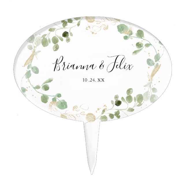 Gold Confetti Eucalyptus Foliage Wedding Cake Pick (Front)