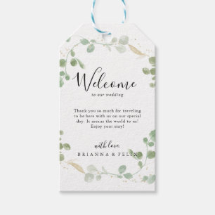 Gold Confetti Eucalyptus Foliage Wedding Welcome  Gift Tags